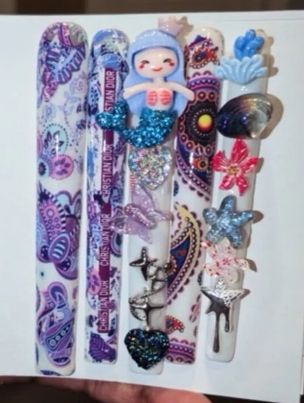 Hand CRAFTED Ladies Mermaid Press On  Nail  Set - Purple & Blue Paisley Sz Large